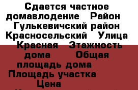 Сдается частное домавлодение › Район ­ Гулькевичский район Красносельский › Улица ­ Красная › Этажность дома ­ 1 › Общая площадь дома ­ 60 › Площадь участка ­ 800 › Цена ­ 2 000 - Краснодарский край Недвижимость » Дома, коттеджи, дачи аренда   . Краснодарский край